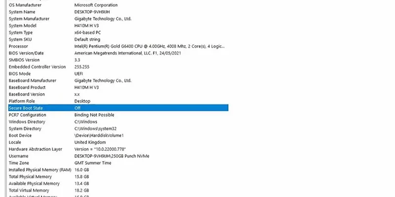Windows System Information showing BIOS and Secure Boot status