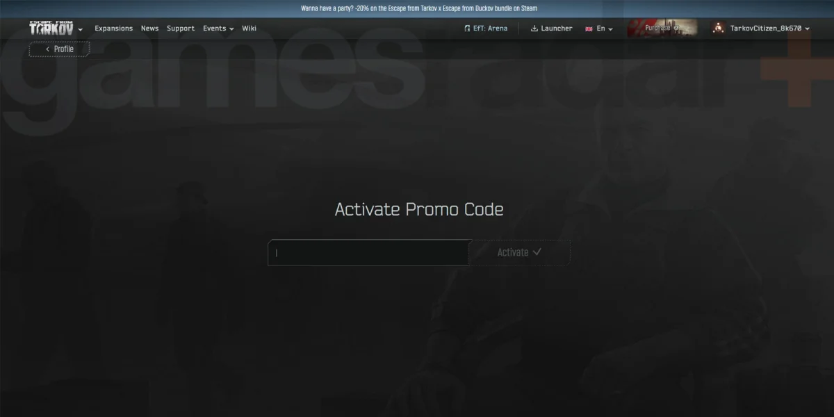 Escape from Tarkov promo code redemption screen