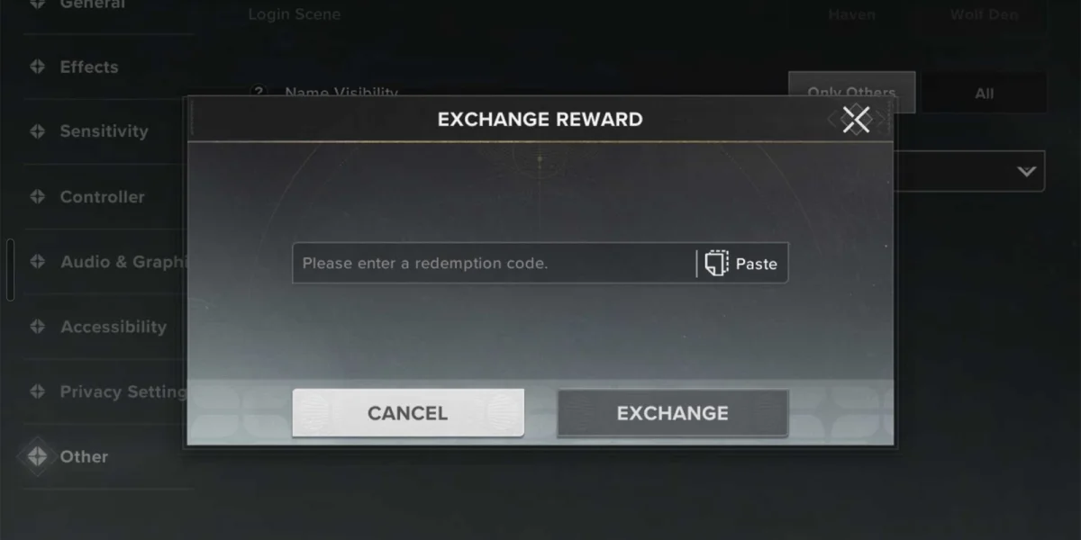 Destiny Rising codes redemption screen