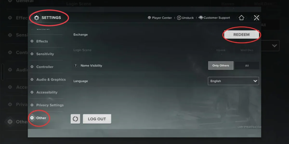 Destiny Rising settings menu showing the redeem button location
