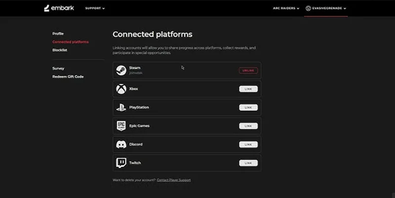 Arc Raiders Embark ID account linking interface