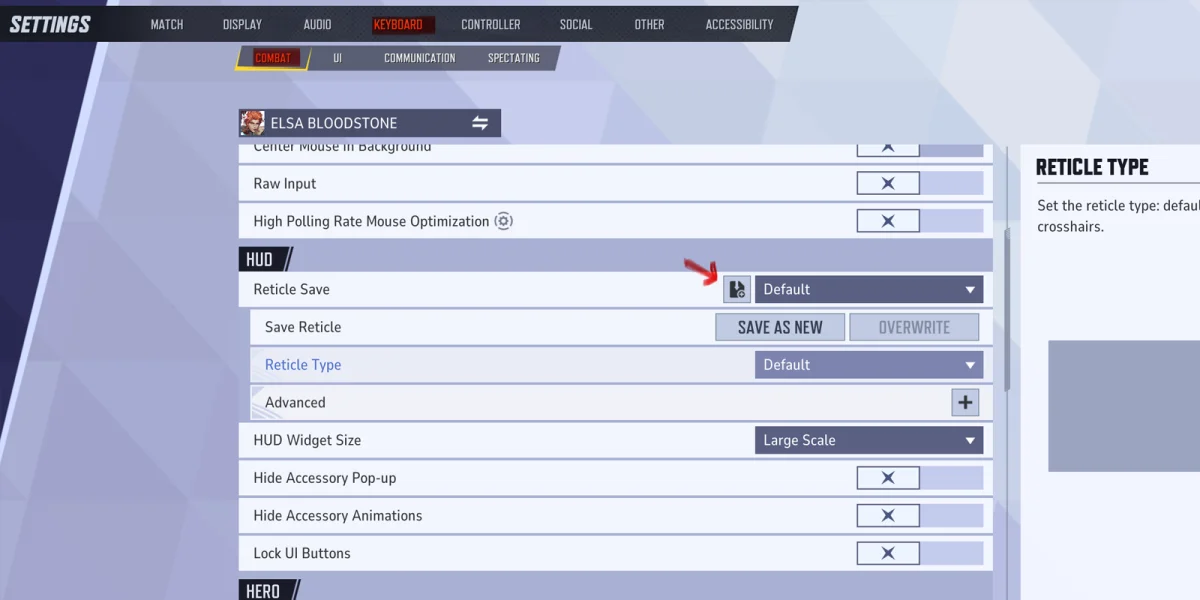 Marvel Rivals reticle import settings menu for Elsa Bloodstone