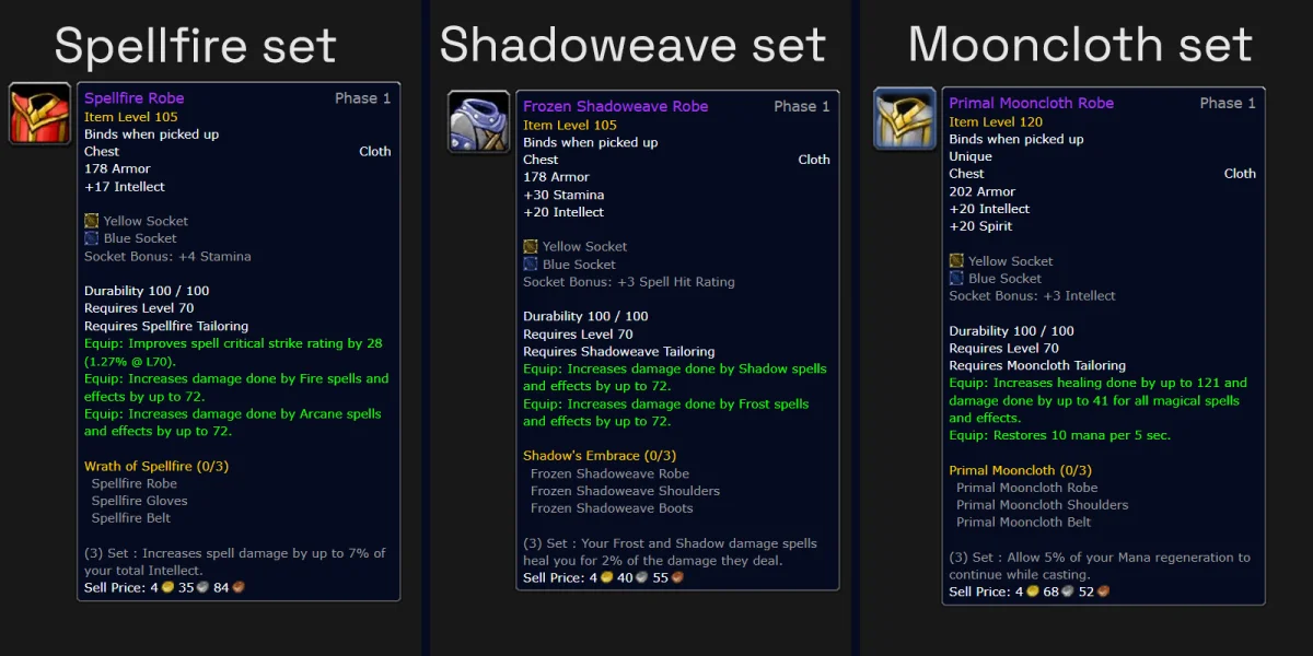 TBC Tailoring crafted sets including Spellfire, Shadoweave, and Primal Mooncloth