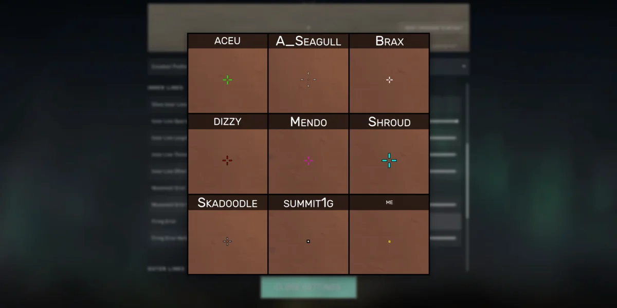 Examples of pro crosshair styles in Valorant