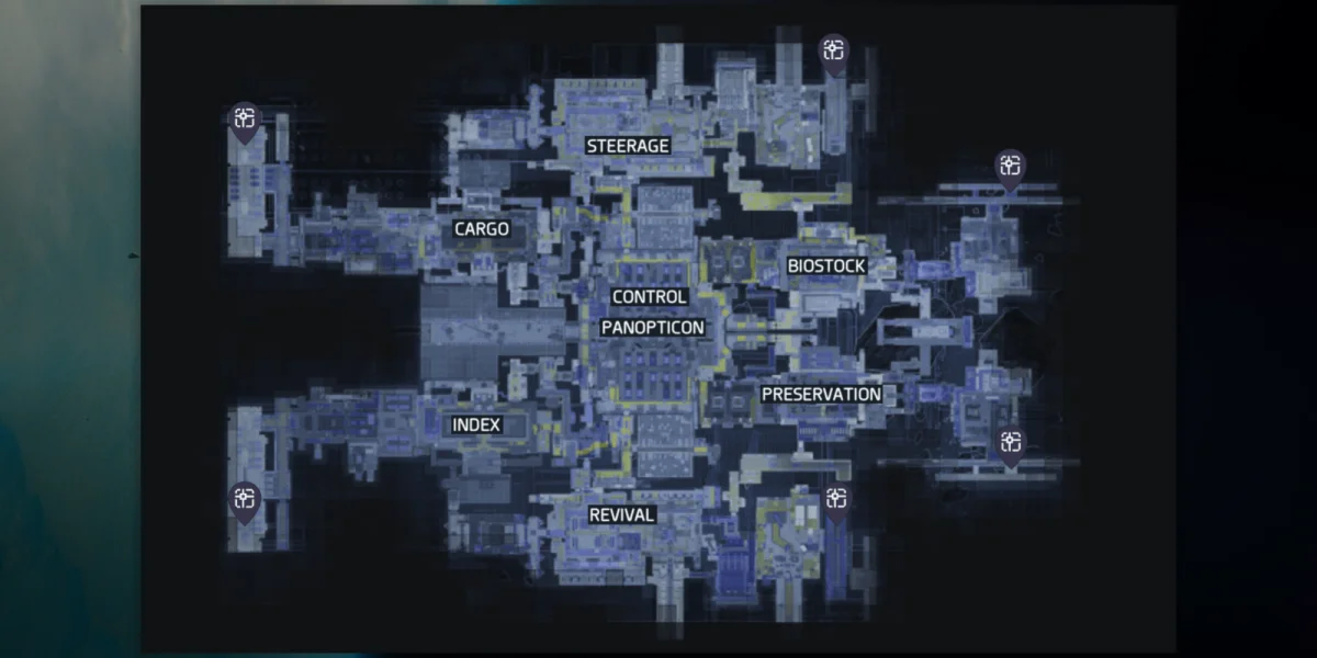Cryo Archive map layout showing the six outer sections and the central hub