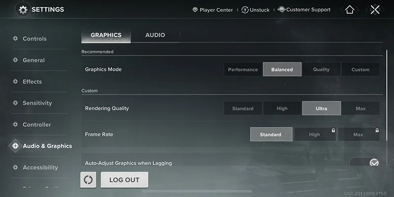 Graphics settings interface