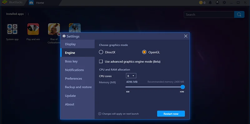 Emulator setup interface