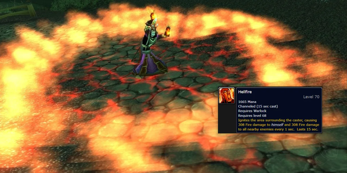 Destruction Warlock using Hellfire AoE rotation in a TBC dungeon pull
