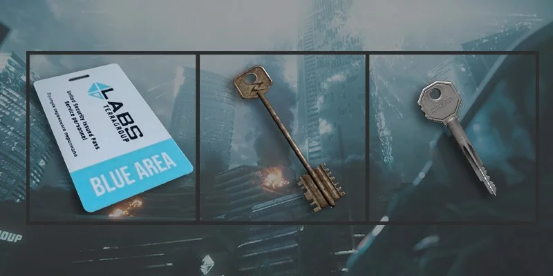 Display of required keys including Labs Access Keycard, Mysterious Room Marked Key, and Car Dealership Key