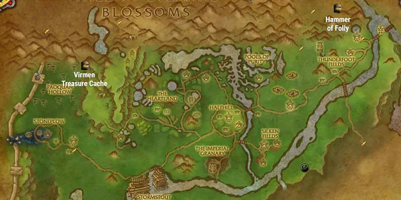 Valley of the Four Winds zone map showing treasure locations