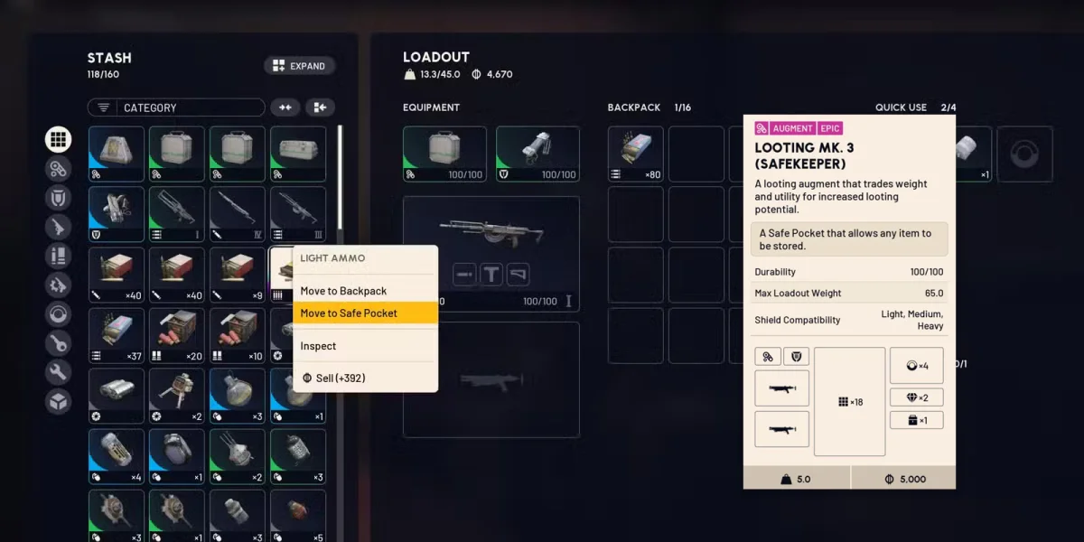 Arc Raiders Looting Mk. 3 Safekeeper Augment inventory