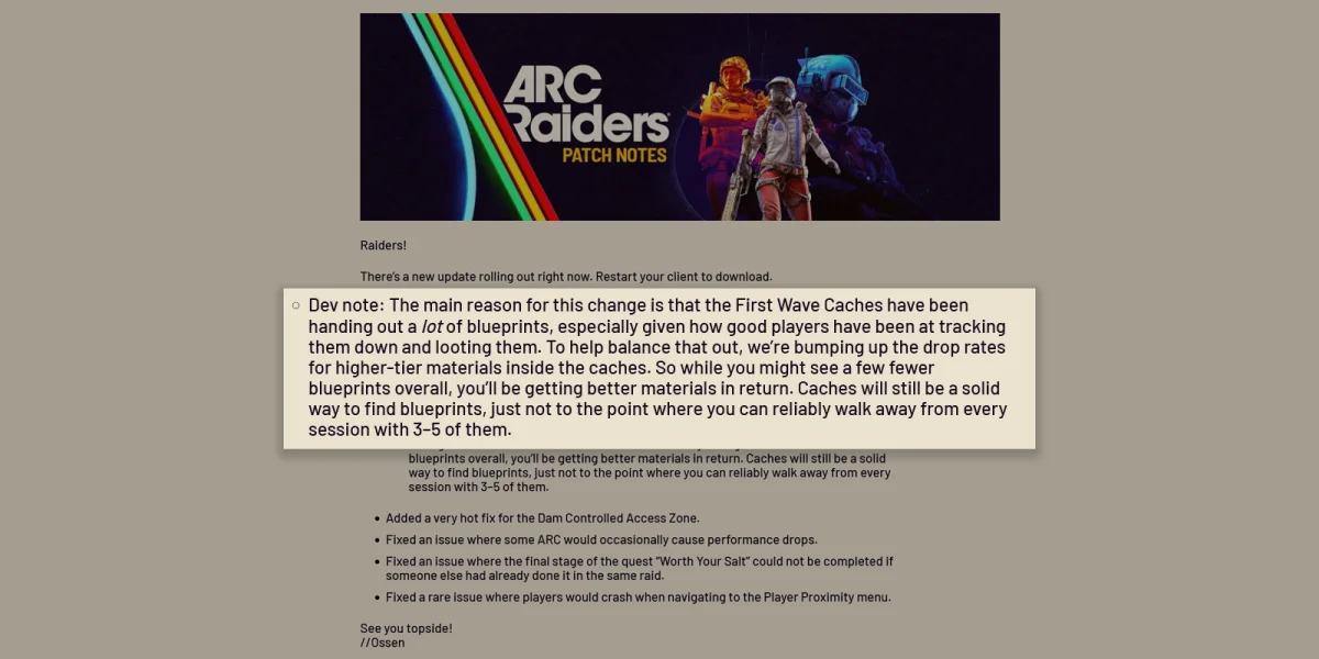 Arc Raiders 1.18.0 update overview showing patch changes