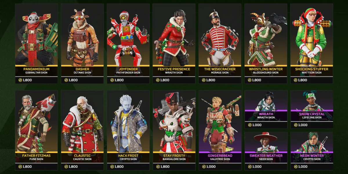 Winter themed legendary skins for Apex Legends characters