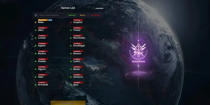 AION 2 gameplay showing empty servers