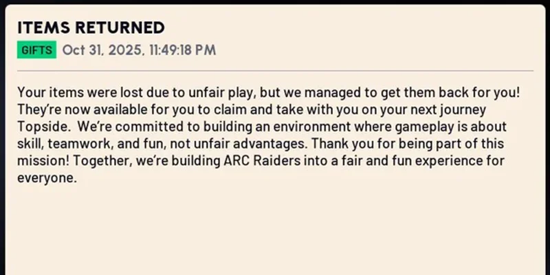 Arc Raiders automatic loot restoration notification