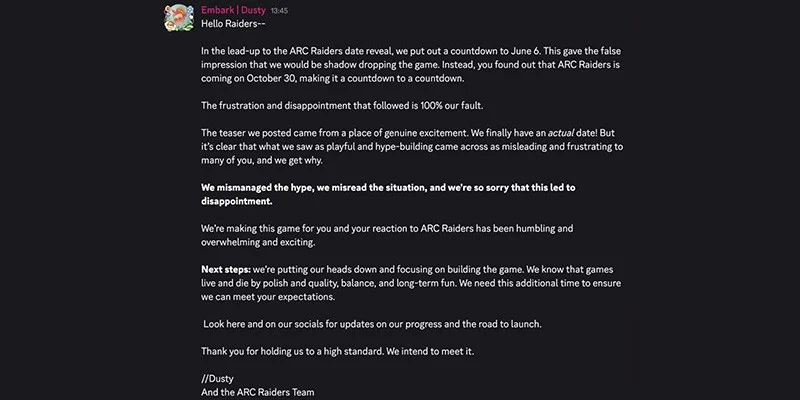 Embark Studios Apology