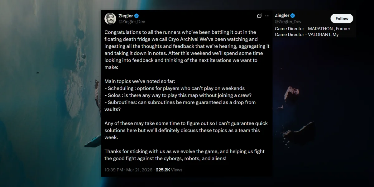 Marathon players reacting to the Cryo Archive endgame activity launch