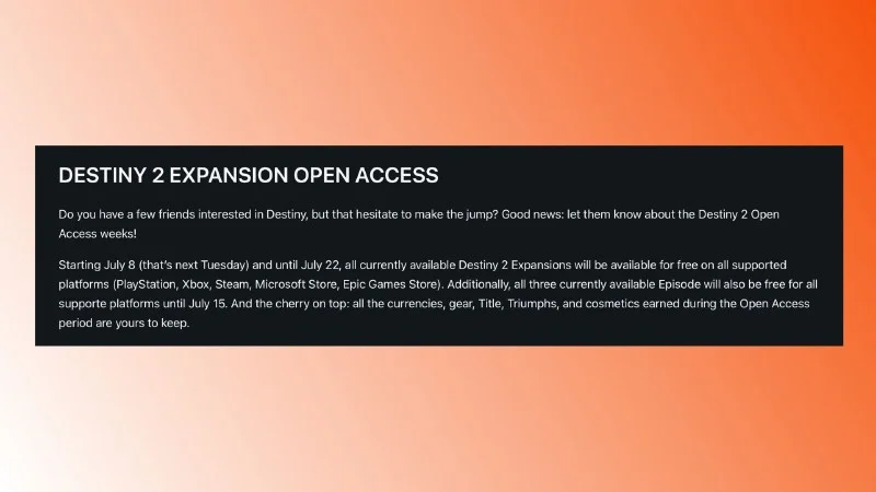 Destiny 2 Open Access Event Details