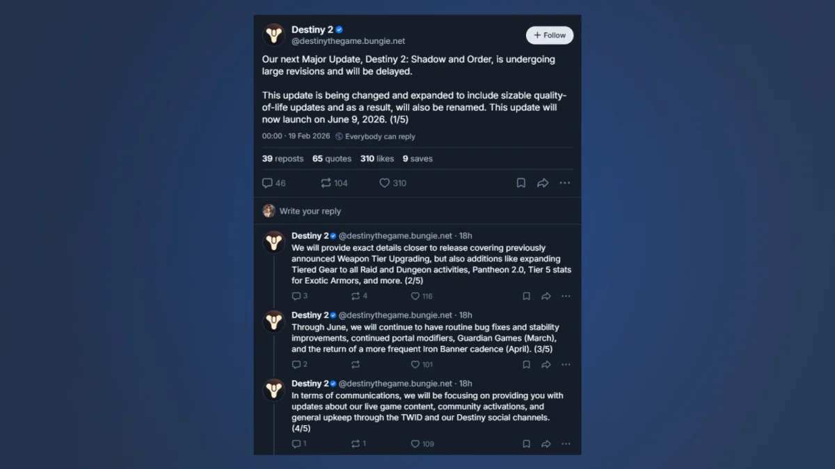 Destiny 2 Shadow and Order update delayed until June 2026