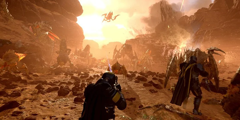 Helldivers 2 gameplay screenshot showing intense combat