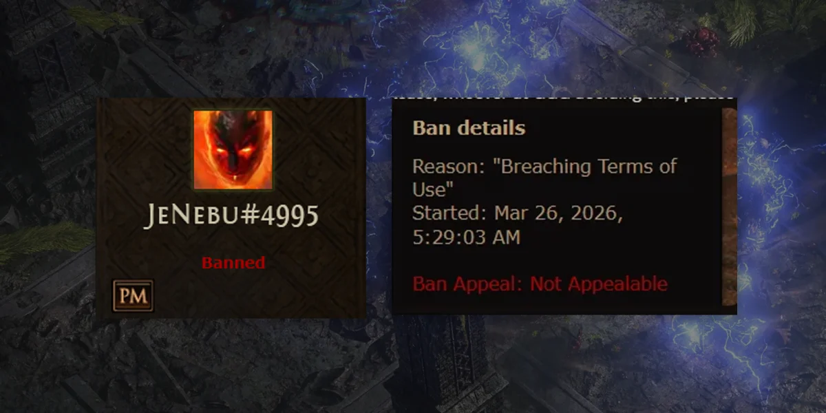 JeNebu's Path of Exile account ban notice showing Not Appealable status