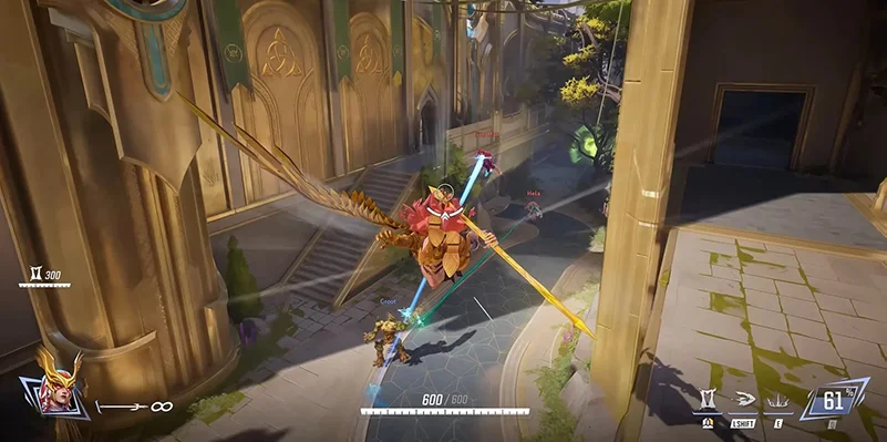 Angela's dual combat system showing spear and axes