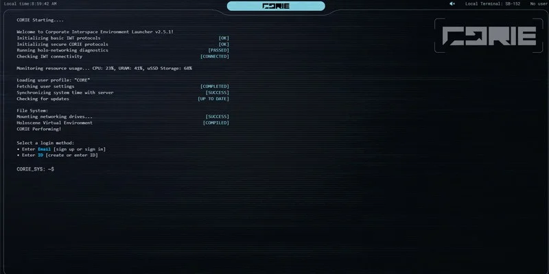 COR3.gg interactive terminal interface featuring the CORIE operating system