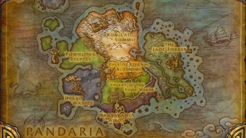 Mists of Pandaria continent map showing all eight zones