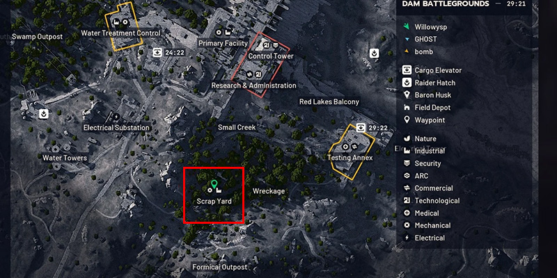 Arc Raiders Scrap Yard location on Dam Battlegrounds map
