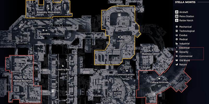 Stella Montis map showing Exodus POI locations