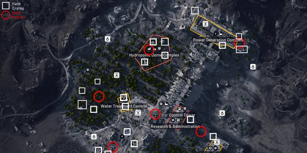 Dam Battlegrounds map with Field Depot locations marked
