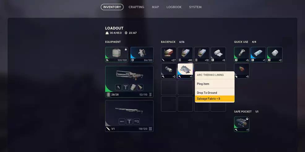 ARC Raiders Salvage Menu During Raid