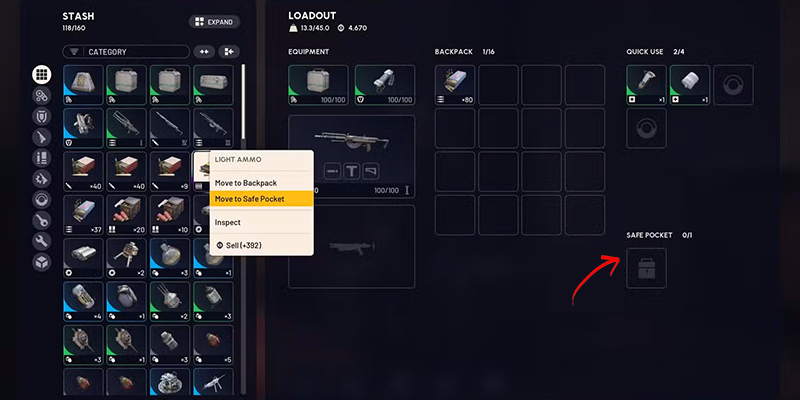 Safe pocket interface in Arc Raiders