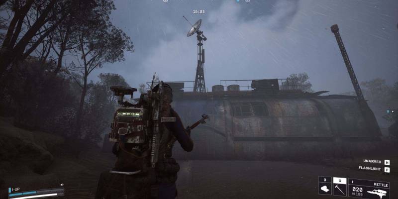 ARC Raiders Field Depot exterior showing antenna and blue tarp