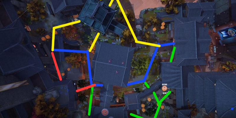 Zone 2 garden area with water hazards and elevated positions