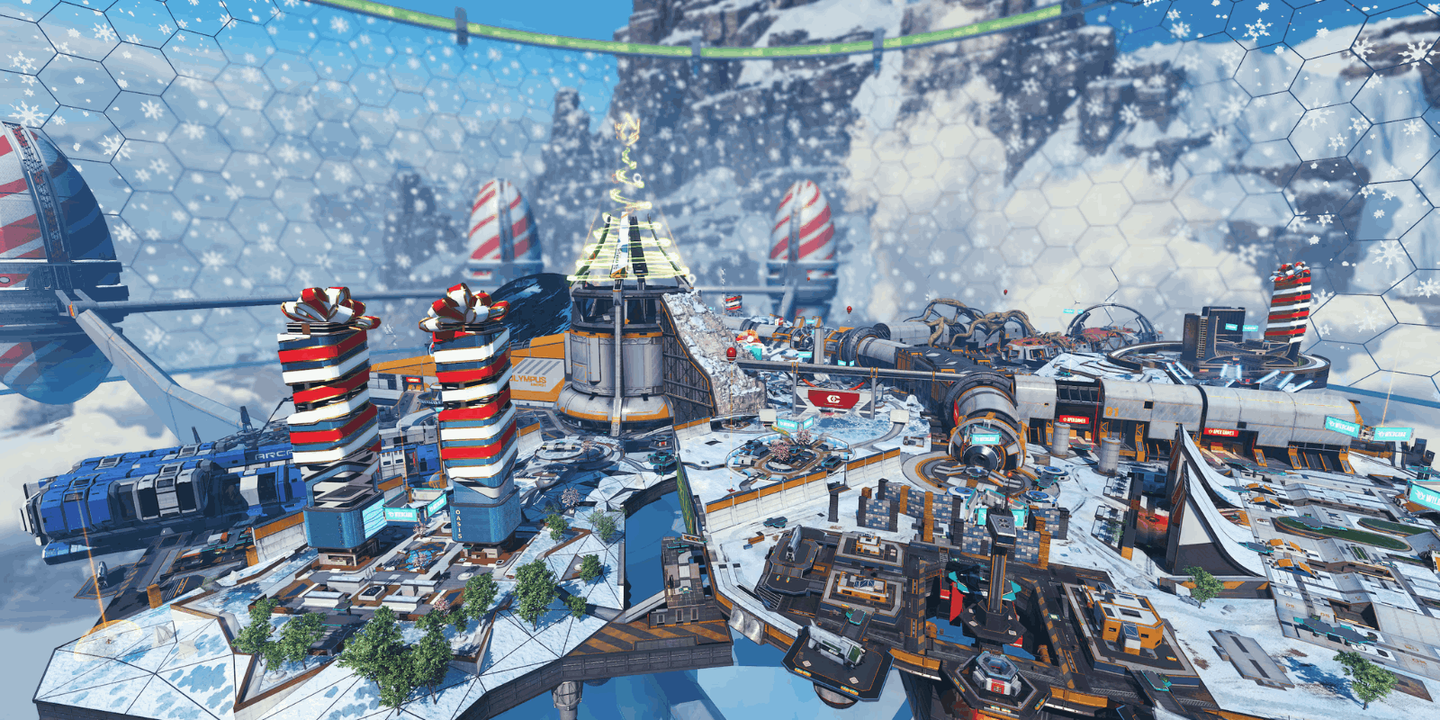 Winter Olympus frozen battlefield with holiday decorations