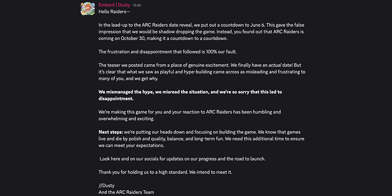 Embark Studios Apology