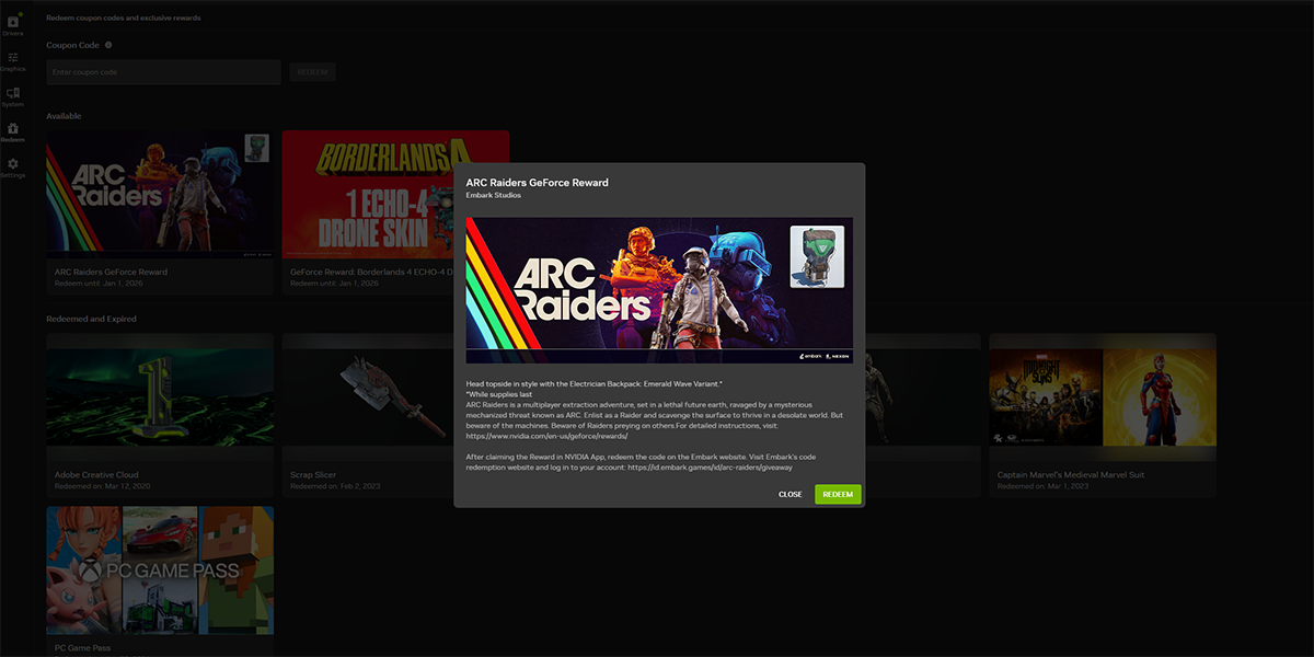 Nvidia App Redemption Interface