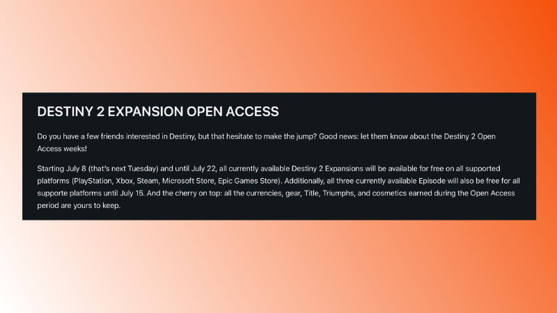 Destiny 2 Open Access Event Details