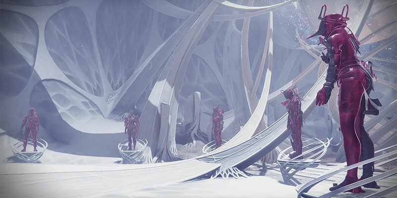 Verity encounter arena showing the main room with six statues and separate solo rooms