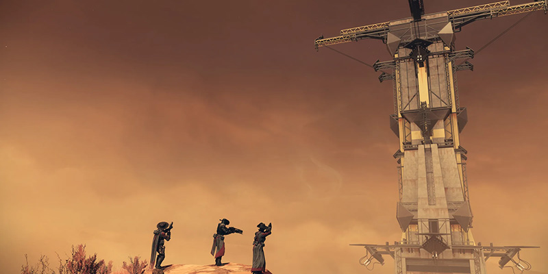 A Guardian facing the Spire of the Watcher on Mars