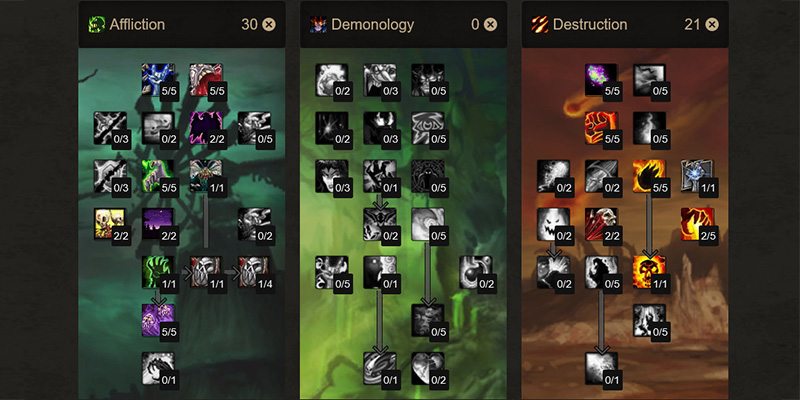 Warlock talent tree with key Affliction and Demonology talents highlighted